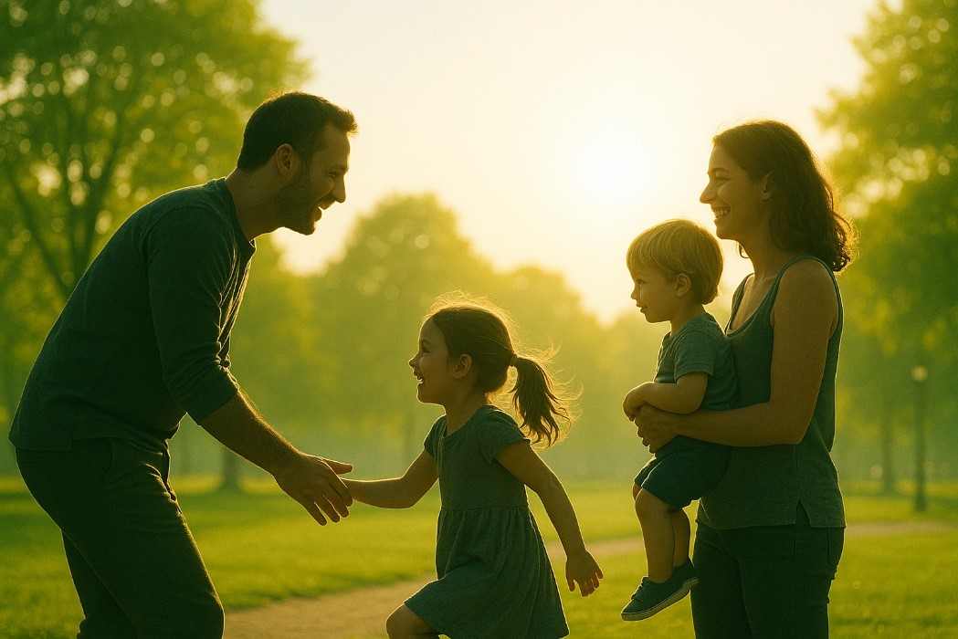 משפחה עם שני ילדים יחד בשקיעה