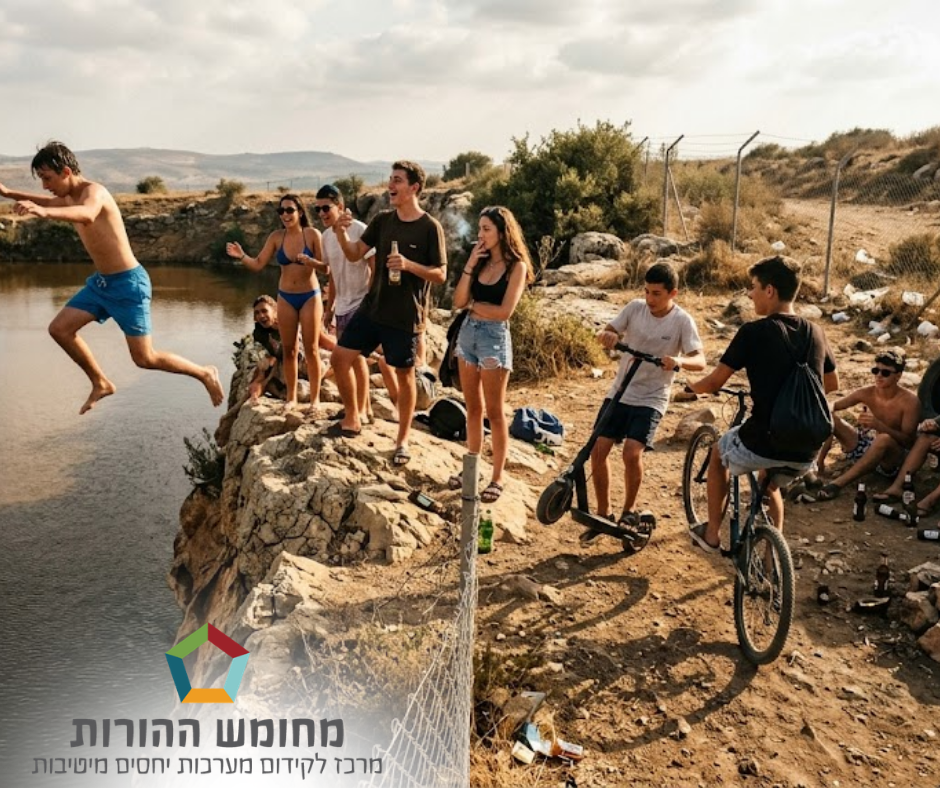 נערים מתבגרים קופצים לאגם